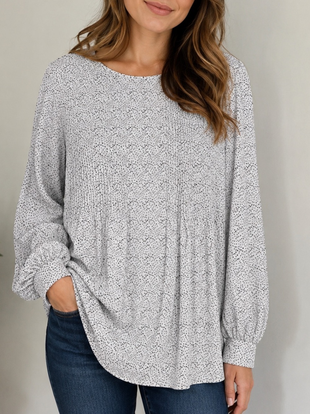Women's Adrianna Papell Ivory Black Spotted Pleated Trapeze Top L